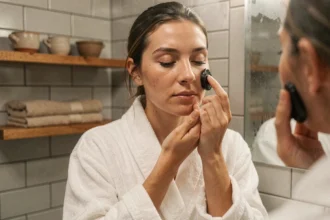 Femme appliquant du savon noir sur le visage dans une salle de bain naturelle et apaisante