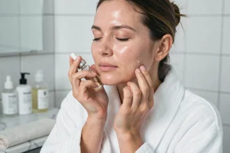 Femme appliquant un sérum visage en verre sur sa peau dans une salle de bain minimaliste, routine de soin cosmétique