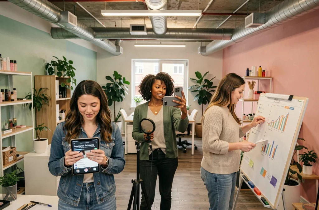 Équipe de femmes travaillant dans un studio de réseaux sociaux sur les tendances et classements de beauté féminine en 2026