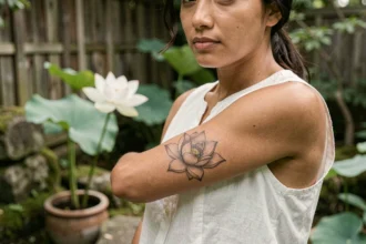 Jeune femme dévoilant un tatouage de lotus en trait fin sur l'avant-bras dans un jardin japonais apaisant