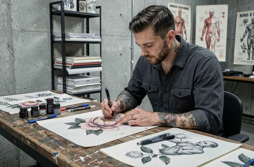 Tatoueur masculin dessinant un motif de pivoine dans un studio de tatouage contemporain au style industriel