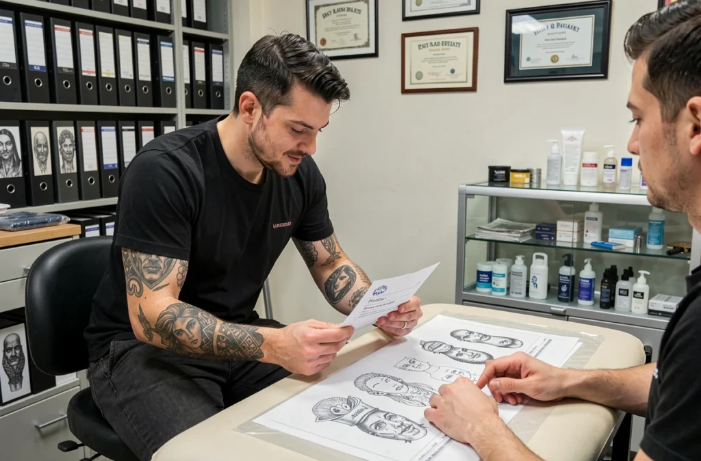 Tatoueur professionnel présentant un devis de tatouage à un client lors d'une consultation dans un salon de tatouage