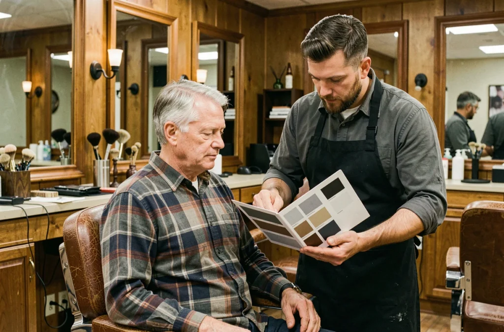 Homme de 62 ans en barbershop comparant des nuanciers de teinture pour cheveux gris avec son barbier, pour éviter les erreurs de teinte