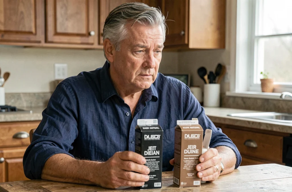 Homme de 55 ans comparant deux boîtes de teinture pour cheveux gris dans sa cuisine, hésitant entre une teinte trop foncée et une nuance naturelle adaptée