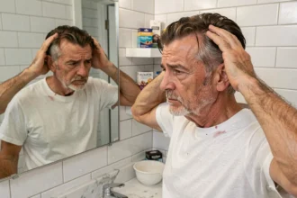 Homme de 58 ans examinant sa teinture cheveux trop foncée dans un miroir de salle de bain, illustrant une erreur de choix de teinte vieillissante