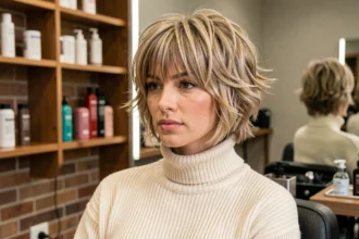 Femme aux cheveux longs avec un wolfcut bien défini assise dans un fauteuil de salon coiffure moderne