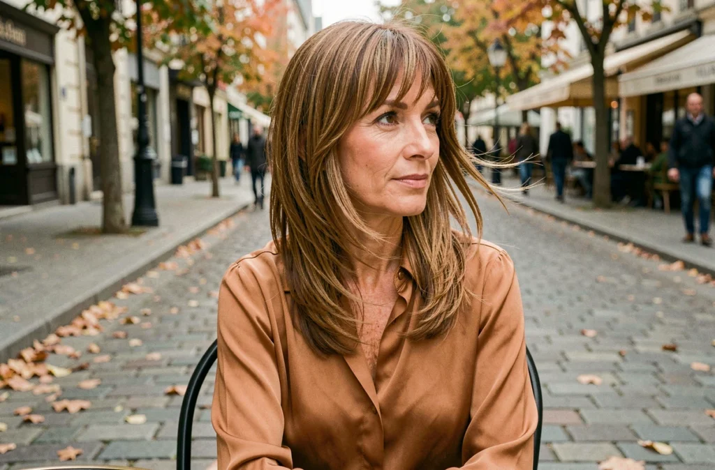 Femme de 40 ans au visage carré avec un wolfcut aux longues couches effilées attablée à une terrasse de café européenne en automne