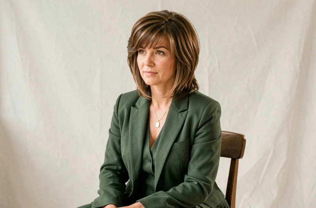 Femme au visage rond avec un wolfcut volumisé et des couches effilées portant un blazer vert en studio