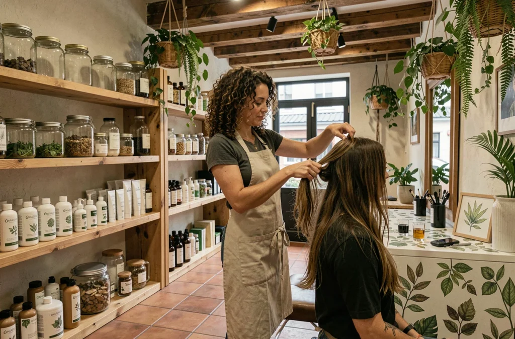 Coiffeuse utilisant des produits naturels dans le salon Alt Hair Nature à Arras