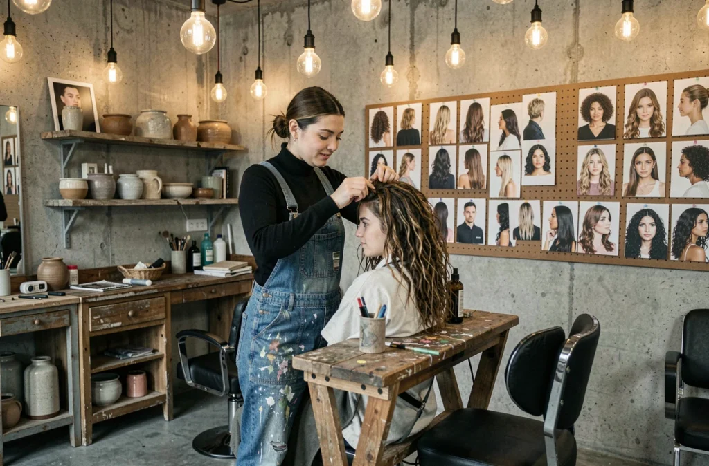 Coiffeuse créative dans l'espace atelier du salon L'Atelier à Arras