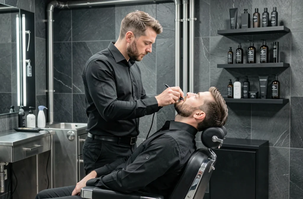 Barbier effectuant un soin de barbe soigné dans le salon Barber Men à Coquelles