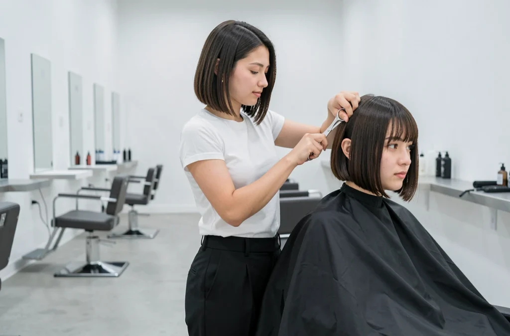 Coiffeuse de Basic by Mina réalisant une coupe de carré court dans un salon au design épuré et minimaliste