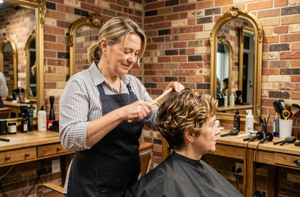 Coiffeuse professionnelle coiffant et entretenant une permanente garçon bouclée sur une cliente en salon