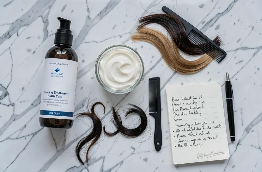 Comparatif produits de soin capillaire incluant Olaplex disposés sur marbre blanc avec notes d'évaluation experte
