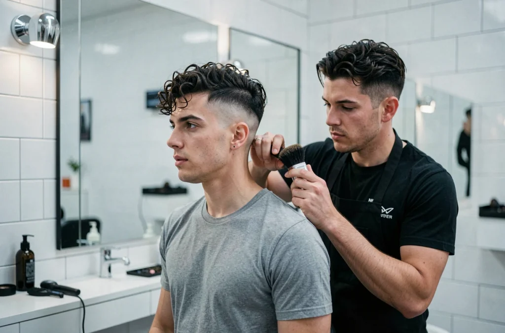 Coupe espagnole moderne avec dégradé skin fade et top bouclé, client en salon de coiffure contemporain avec barbier