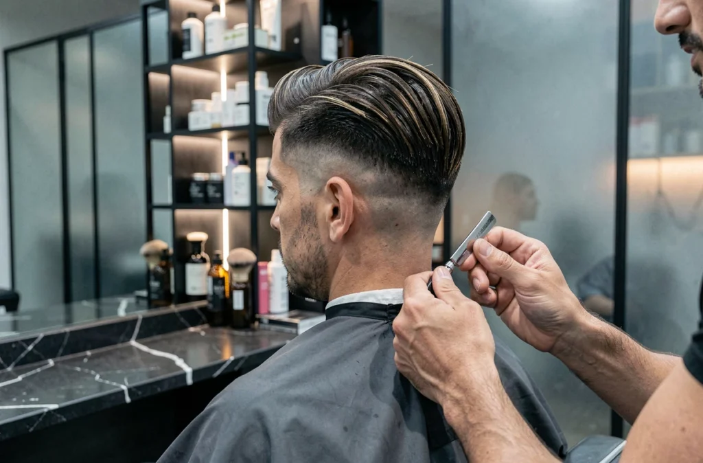 Coupe two-block espagnole pour homme, vue arrière sur la nuque rasée et le stylisme en salon haut de gamme