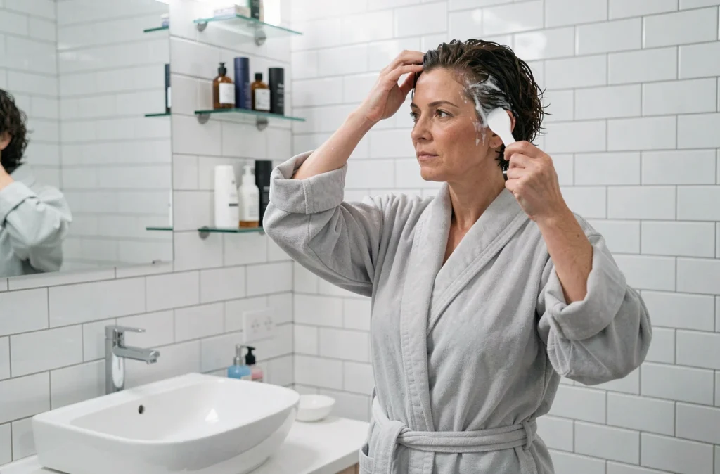 Femme appliquant une crème coiffante sur sa permanente garçon courte et bouclée dans une salle de bain