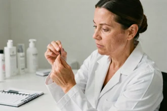 Experte capillaire indépendante analysant une mèche de cheveux lors d'un test produit Olaplex en cabinet professionnel