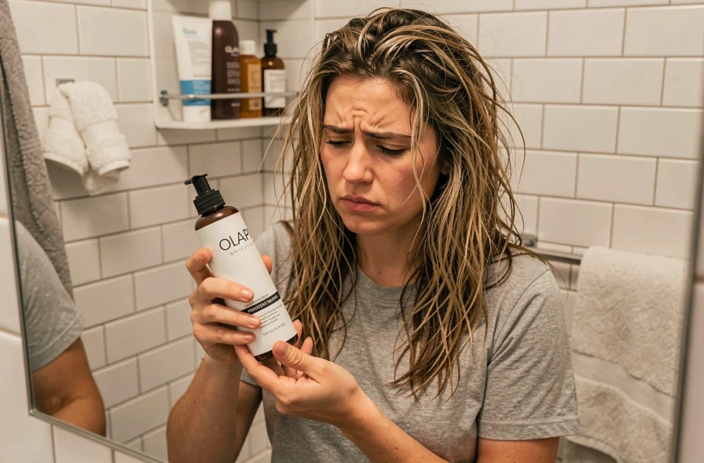 Femme aux cheveux abîmés lisant les instructions d'un traitement Olaplex dans sa salle de bain, expression dubitative