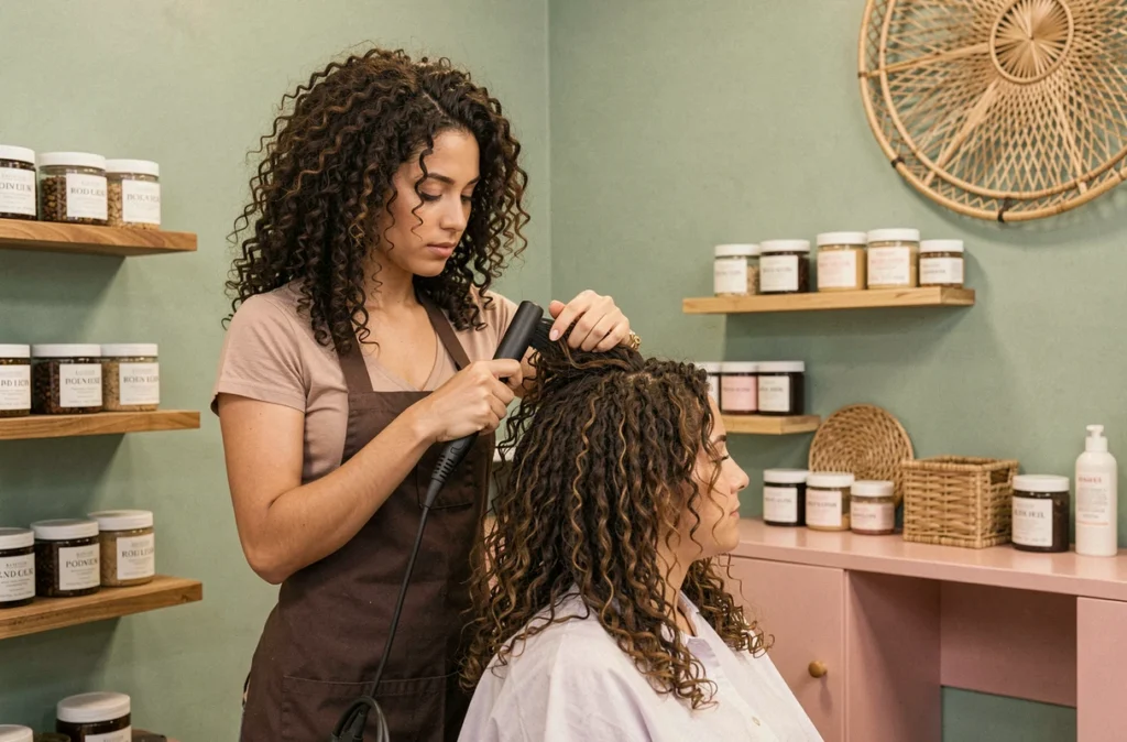 Spécialiste des boucles de La Belle Boucle Studio travaillant les cheveux bouclés d'une cliente dans un salon aux tons pastels