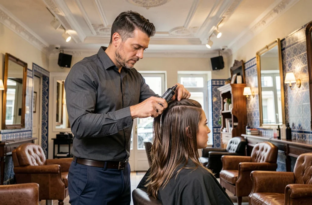 Coiffeur de L'Endroit Paris-Marseille coiffant un client dans un salon au décor mêlant style parisien et marseillais