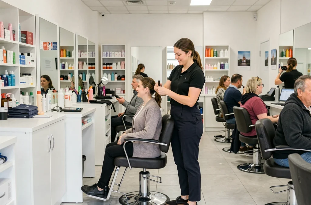 Coiffeuse réalisant une coupe accessible pour une cliente dans le salon Low Price's Coiffure à Arras