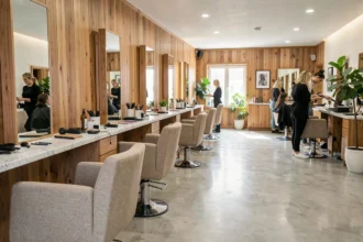 Intérieur d'un salon de coiffure moderne dans le Pas-de-Calais avec des coiffeuses au travail