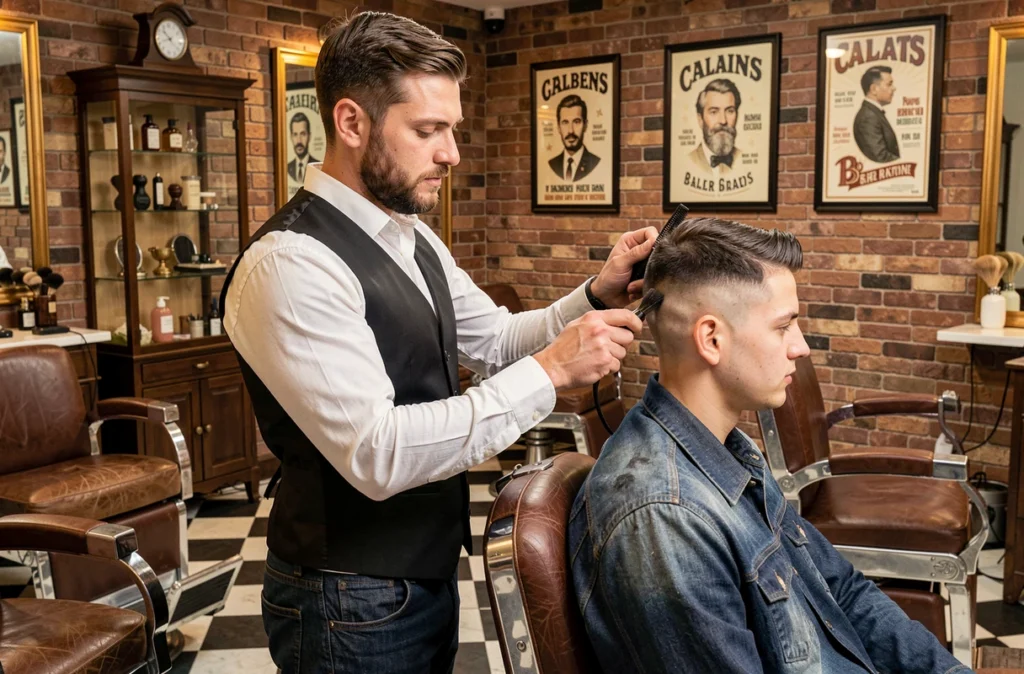 Barbier réalisant un dégradé précis sur un client dans le salon Mister Coup-Coup à Calais