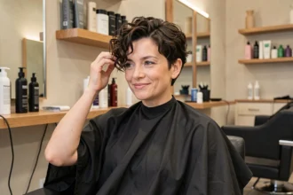 Femme aux cheveux courts bouclés avec une permanente garçon entretenue dans un salon de coiffure moderne