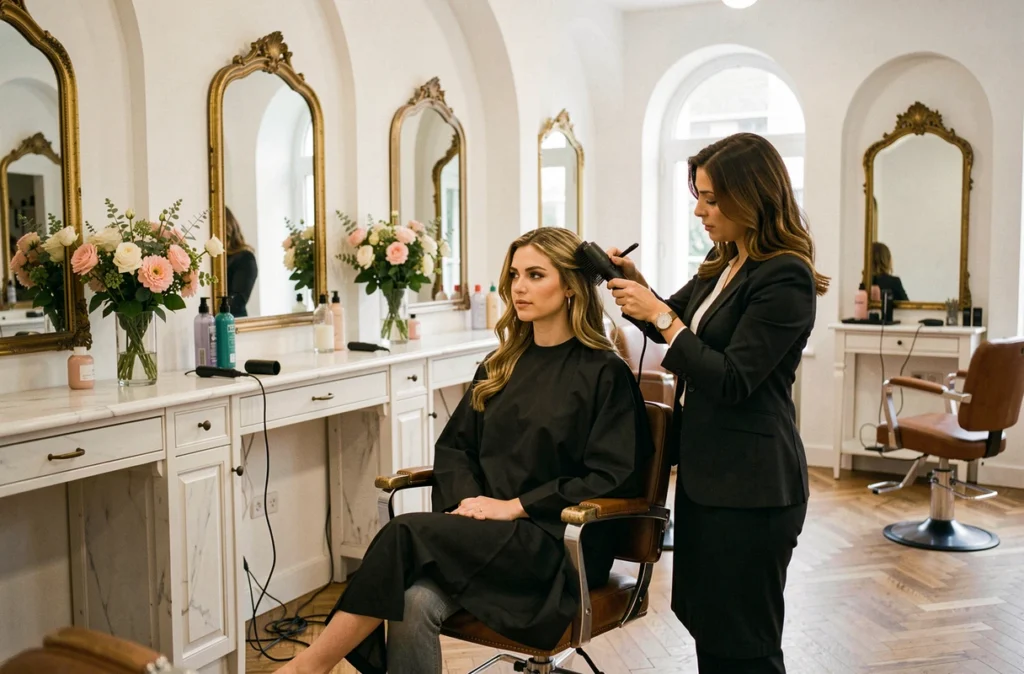Salon de coiffure Renaissance à Arras avec une cliente recevant un brushing élégant