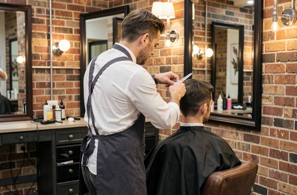 Coiffeur masculin réalisant une coupe précise sur un client dans un salon moderne à Calais