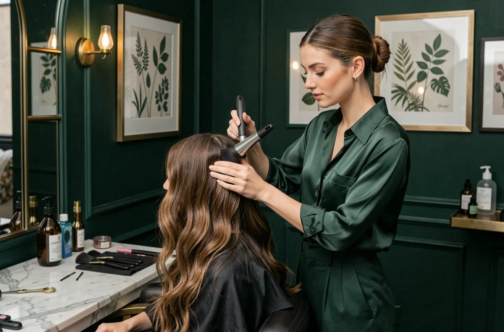 Styliste appliquant un soin brillance dans l'atmosphère intimiste du salon Rumeur et Chuchotement à Arras