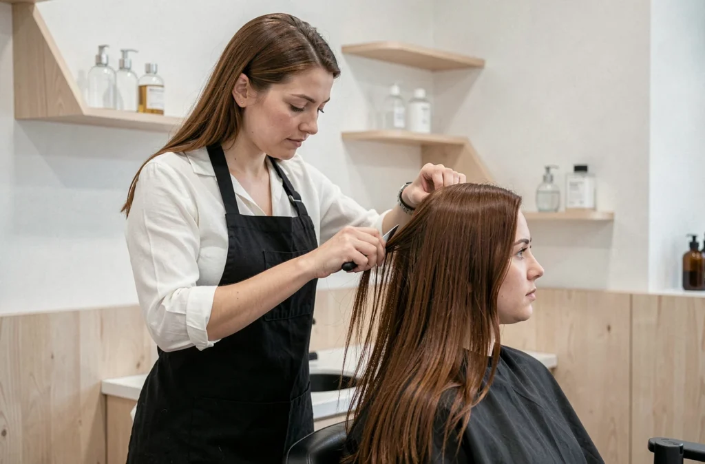 Coiffeuse du Studio Stéphanie D effectuant une coupe précise sur une cliente dans un salon minimaliste