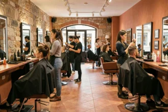 Vue d'ensemble d'un salon de coiffure tendance à Marseille avec plusieurs coiffeurs au travail