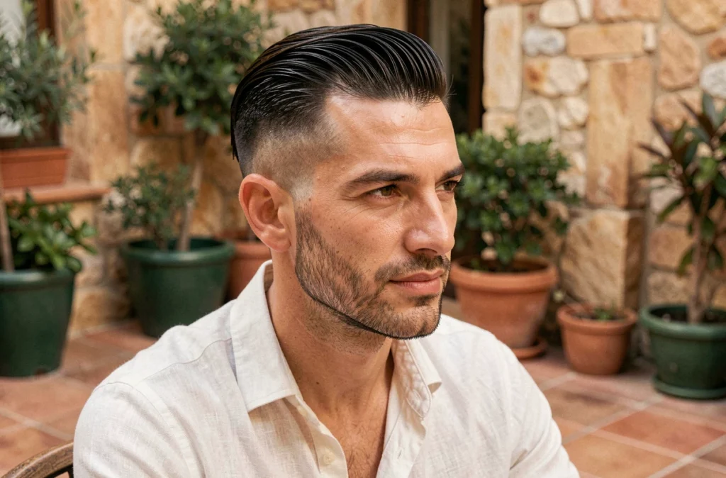 Homme avec un undercut déconnecté à l'espagnole, cheveux lissés en arrière, photographié en terrasse méditerranéenne