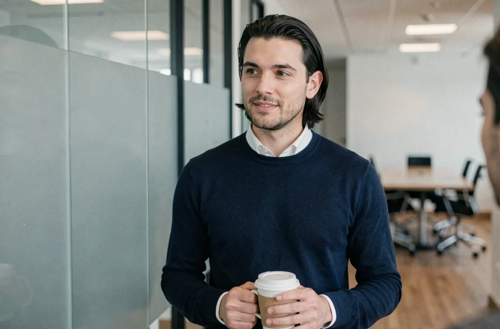 Jeune homme avec une coiffure mi-longue lisse et décontractée, en pull col rond marine, debout dans un couloir de bureau moderne tenant un café