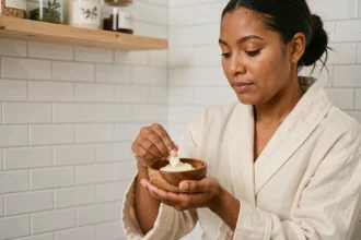 Femme appliquant du beurre de karité pur sur son avant-bras dans une salle de bain naturelle