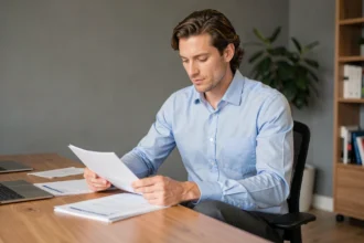 Homme aux cheveux mi-longs ondulés coiffés avec soin, en chemise oxford bleue, assis à un bureau moderne dans un open space professionnel